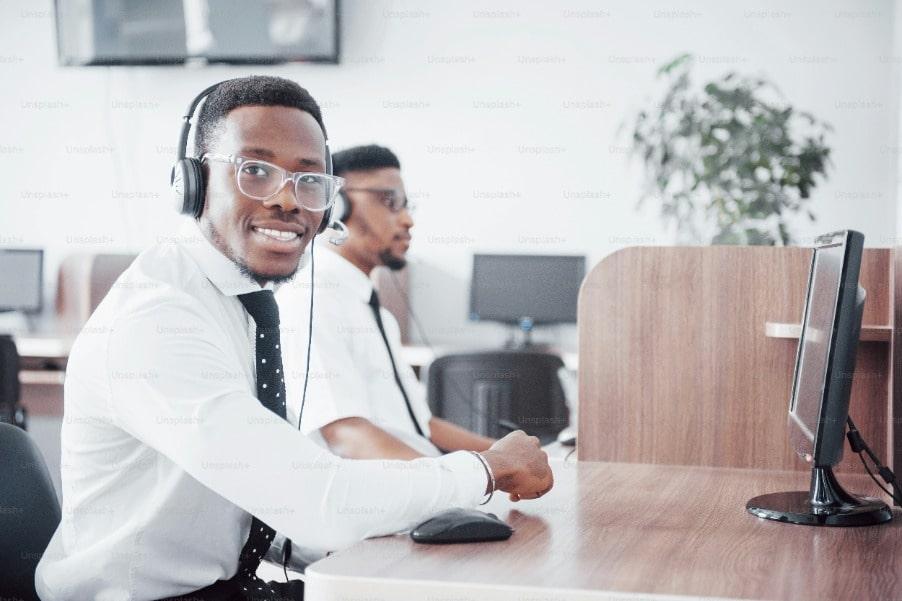 customer service guy answering work call